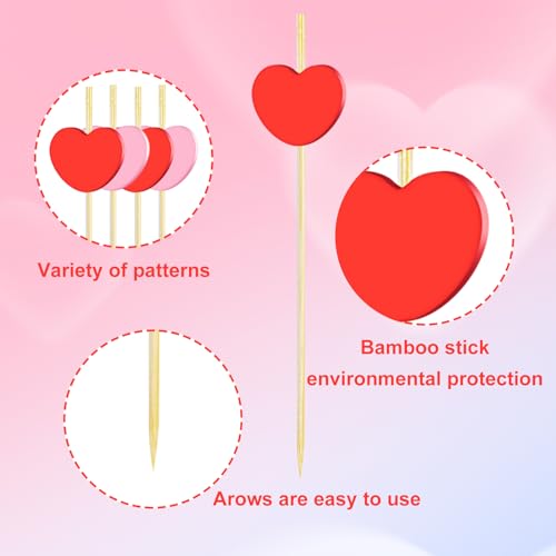 200 Pieces Valentine's Day Heart Toothpicks Cocktail Picks Assorted Handmade Red Pink Heart Fruits Bamboo Toothpicks for Valentine's Day Party Drink Fruit Dessert Food Appetizers Decoration