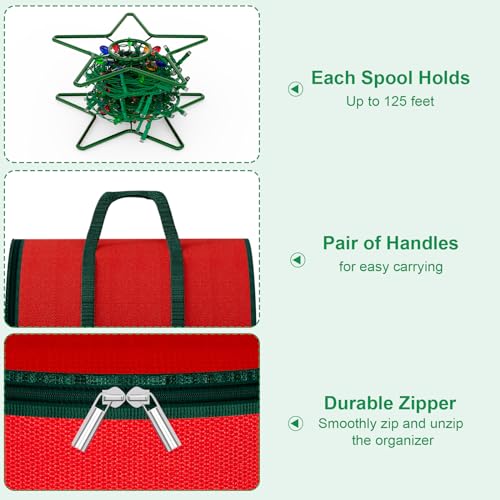 Dicasser Light Storage Zipper Carrying Bag Cord Reel Holder with 3 Green Metal Reels,Tear-Proof 600D Oxford Fabric Reinforced Stitched Handles