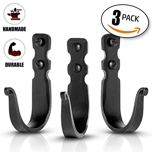 Stur-De Decorative Hooks for Wall - Wall Hooks for Hanging Coats, Hats & Bags, Rustic Towel Hooks for Bathrooms or Kitchen - Wrought Iron Farmhouse Hangers - Pack of 3, Black - 3.3 x 2 x 0.8 Inches