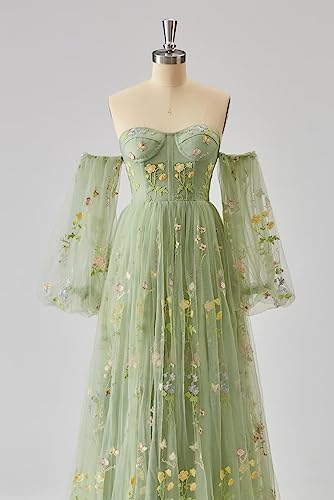 UZN Women's Flower Embroidery Prom Dresses Long Sleeveless Tulle Sweetheart Spaghetti Strap A-Line Formal Evening Party Gown Peacock Size 12