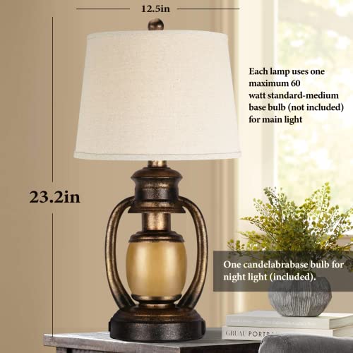 Hamucd Rustic Table Lamps for Living Room Single Lantern Bedside Lamps with Oatmeal Tapered Drum Shades for End Table Bedroom Nightstand Hotel with 2 USB Ports and One AC Outlet