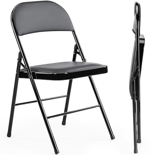 Sweetcrispy Folding Chair 2 Pack, Leather Padded Folding Chairs, Sturdy Metal Foldable Chairs, Easy to Use and Store, Outdoor and Indoor, for Home, Office, Party, Comfy, Black