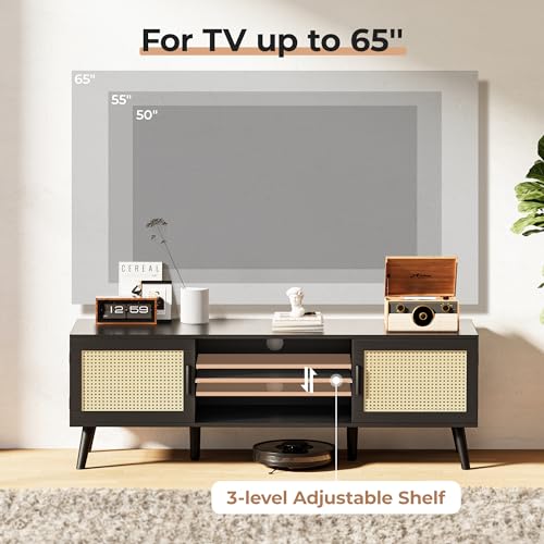 SUPERJARE 65 Inch TV Stand, Entertainment Center with Adjustable Shelf, Rattan TV Console with 2 Cabinets, Media Console, Solid Wood Feet, 4 Cord Holes, for Living Room, Black