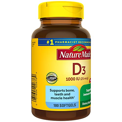 Nature Made Vitamin D3 1000 IU (25 mcg), Dietary Supplement for Bone, Teeth, Muscle and Immune Health Support, 180 Softgels, 180 Day Supply