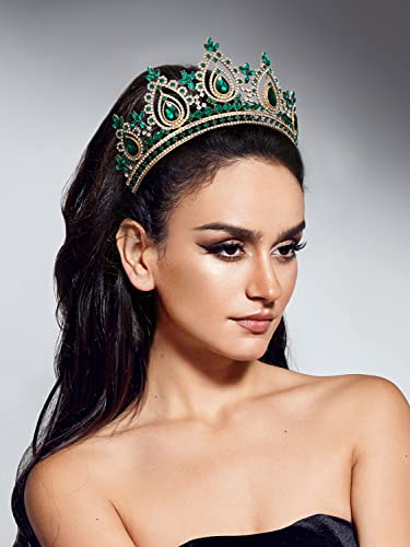 SWEETV Green Queen Crown for Women, Wedding Tiara for Bride, Gold Princess Tiara, Quinceanera Pageant Crown Diadem, Crystal Headpiece for Birthday Prom Pageant Halloween