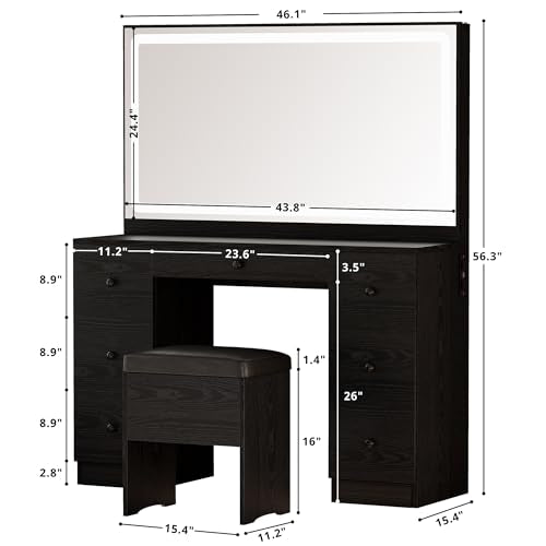 IRONCK Vanity Makeup Desk Set with LED Lighted Mirror & Power Outlet, 7 Drawers Bedroom Vanities Table with Stool,Black