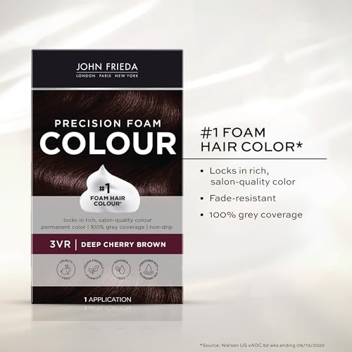 John Frieda Brown Permanent Precision Hair color Foam Hair Dye, Deep Cherry Brown Hair Color, 3VR Deep Cherry Brown Foam Hair Color, 1 Application