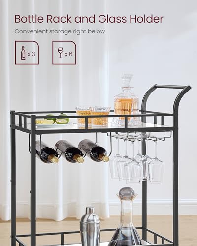 VASAGLE Bar Cart Black, Home Bar Serving Cart, Wine Cart with 2 Mirrored Shelves, Wine Holders, Glass Holders, for Kitchen, Dining Room, Black ULRC092B62