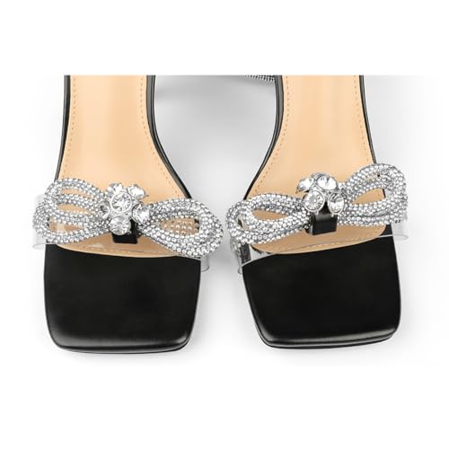 COLETER Womens Heels Sandals Double Bowknots Crystal Sandals Slingback Square Toe Wedding Party Shoes 13-Silver 11US