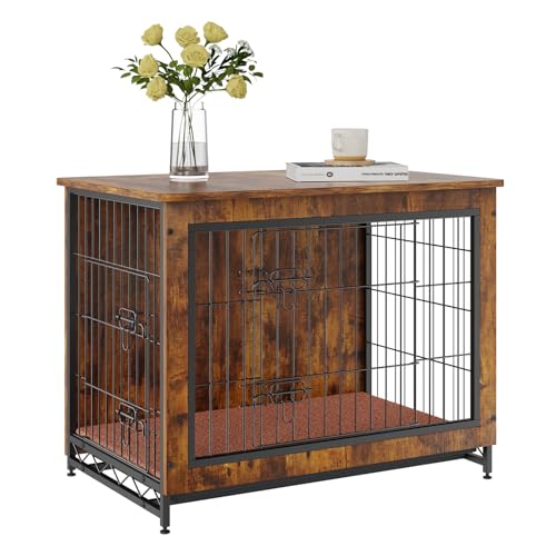 VEVOR Dog Crate Furniture, 32 inch Wooden Dog Crate with Double Doors, Heavy-Duty Dog Cage End Table with Multi-Purpose Removable Tray, Modern Dog Kennel Indoor for Dogs up to 45lb, Rustic Brown