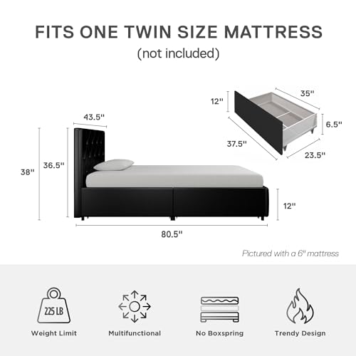 DHP Dakota Upholstered Platform Bed with Underbed Storage Drawers and Diamond Button Tufted Headboard and Footboard, No Box Spring Needed, Twin, Black Faux Leather