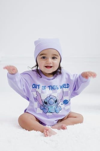 Disney Lilo & Stitch Newborn Baby Boy or Girl French Terry Bubble Romper Oversized Bodysuit and Hat Lavender Newborn