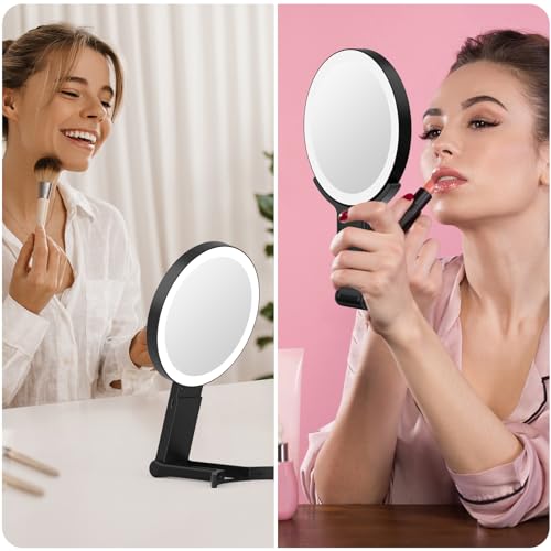 Alovely Travel Makeup Mirror with Lights, Portable Mirror 2-Sided 10X /1X Magnifying Mirror with Light, Travel Mirror with Lights and Magnification, 3 Color Lighting, Dimmable Touch Screen Handhold