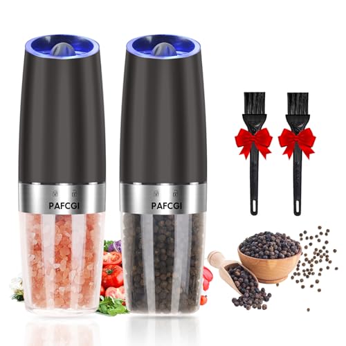 Gravity Electric Salt and Pepper Grinder Set of 2, Adjustable Coarseness, Automatic Mill Grinder, Battery Powered with Blue LED Light, One Hand Operated (Black 2 Pack)