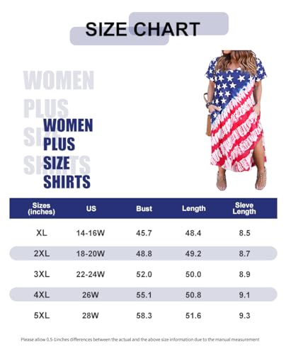 RITERA Plus Size Dresses for Women V Neck Casual Loose Pocket Short Sleeve Slits Long Maxi T Shirt Dress for Women Swing Maxi Dress USA Flag Independent Day Summer 2024 XL 14W 16W