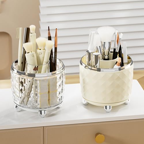 Booklov Makeup Brushes holder with Lid,Cosmetic Organizer,360° Rotating Desktop Makeup Tools Holder with Lid,Dustproof Lipstick Organiser,Storage Stand for Cosmetic(Cream with Lid,M)