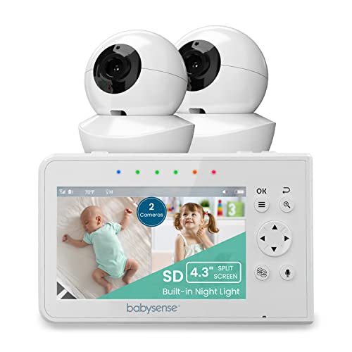 Babysense Baby Monitor with 2 Cameras and Audio 4.3", Non WiFi Baby Monitor, Dual Split Screen, Portable Double Sleep Video Monitor, Auto Night Vision & Light, Lullabies & White Noise, Two-Way Audio