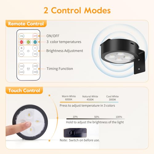 Brightown 2-Pack Picture Lights for Wall,Rechargeable Battery Operated Painting Light Magnetic Art Display Light with Remote, Puck Lights, Dimmable & Timer Art Lighting for Paintings Wireless,Black