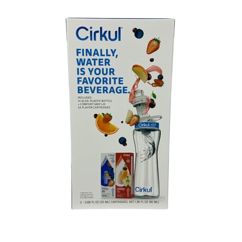 Cirkul 22oz. BPA-Free Plastic Water Bottle Starter Kit with Blue Lid, 2 Flavor Cartridges (1 LifeSip Fruit Punch, 1 FitSip Mixed Berry) Zero Calories and No Sugar