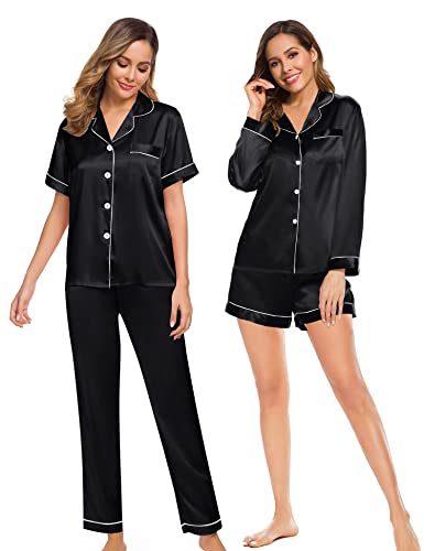 SWOMOG Women 4Pcs Silk Pajamas Set Button Down Sleepwear Loungewear Pj Sets for Ladies Nightwear White Large