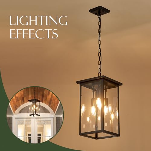 lighceac 10" Modern 4-Light Exterior Black Square Lantern Pendant Light Fixture with Clear Glass Industrial Hanging Cage Chandelier for Outdoor Porch Kitchen Island Dining Room Hallway Entryway Foyer