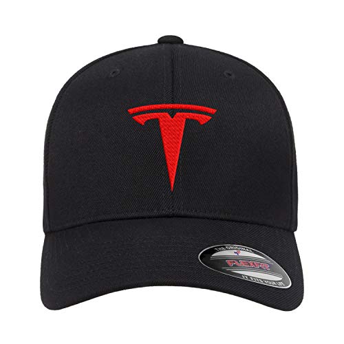 Tesla Motors Flex Fit Hat Baseball Cap Embroidered Flat Curved Brim (Curved Brim, Small/Medium, Black Hat Red Thread)