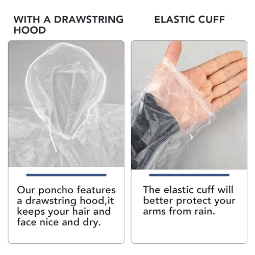 VOISEN Rain Ponchos,8 Pack Emergency Rain Ponchos with Drawstring Hood, Disposable Rain Ponchos Family Pack for Adults,Clear