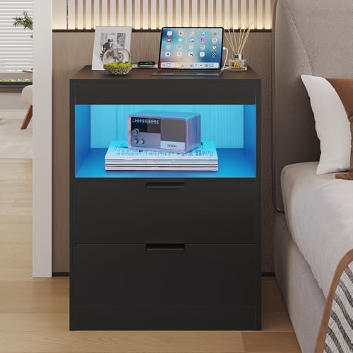 ADORNEVE LED Nightstand Black Nightstand with Wireless Charging Station 2 Drawers, Modern Bedroom End Side Table with LED Lights, Wooden Sofa Bedside Table with Pull-Out Shelf