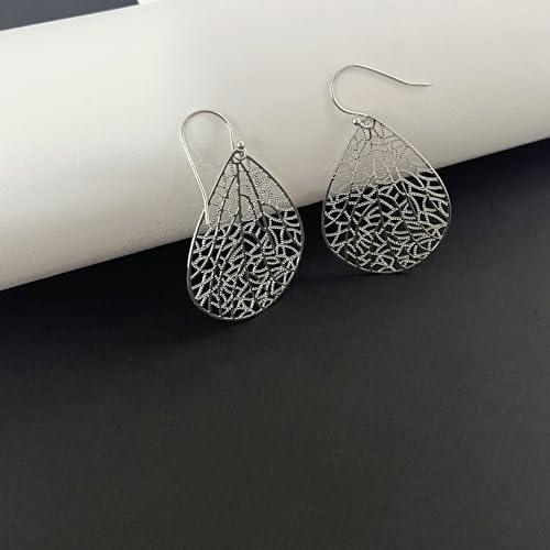 Handmade Filigree Teardrop Dangling Earrings for Women, 925 Sterling Silver Hooks Exquisite Leaf Earrings for Gift