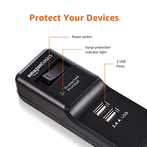 Amazon Basics Rectangular 6-Outlet Surge Protector Power Strip with 2 USB Ports - 1000 Joule, Black, 6 ft