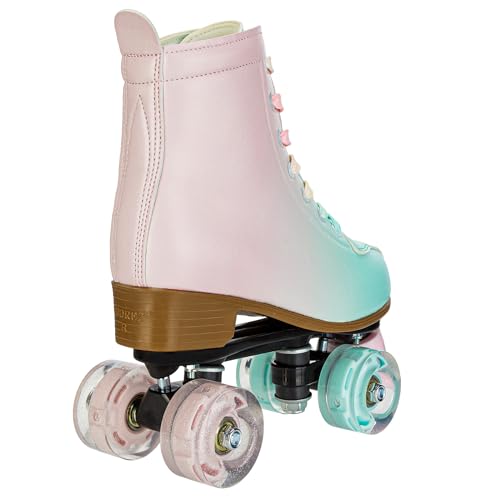 YYW Roller Skates for Girl Women Quad Roller Derby Skates High Top Double Row Light Up Roller Skates PU Skates Shoes for Kid Beginner Indoor Outdoor (32), Green pink flashing wheel