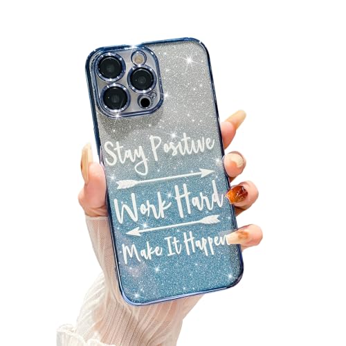 MGQILING Compatible with iPhone 14 Pro Max, Fashion Plating Pattern Slogan Bling Case, Handwritten Letter and Cupid's Arrow Design Case for Women Girls Full Camera Lens Protective Back Cover-Blue