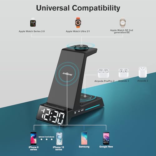 Wireless Charging Station - 4 in 1 Wireless Charger with Alarm Clock, Charging Stand Dock for iPhone 15/14/13/12/11/Pro/Max/XR/XS/X/Samsung Phone, for AirPods Pro/3/2, Apple Watch 9/8/7/6/5/SE/4/3/2