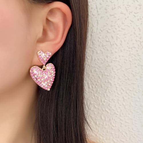 Pink Rhinestone Heart Earrings for Women Love Heart Dangle Earrings Sparkly Dangle Drop Earrings Vintage Wedding Prom Party Valentines Gifts for Her