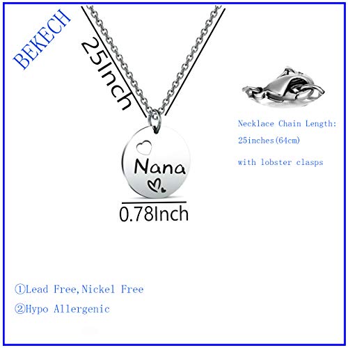 BEKECH Nana Bracelet Grandma Nana Charm Expandable Wire Bangle Nana Jewelry Grandmother Gift for Family Nana (Round Disc Necklace)