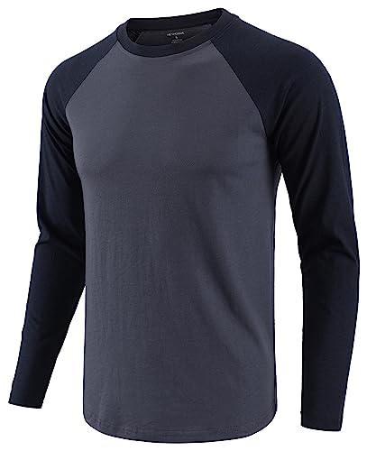 HETHCODE Men's Casual Slim Fit Long Raglan Sleeve Baseball Workout Active Sports Gym Hiking T Shirts Black/F.Red XL