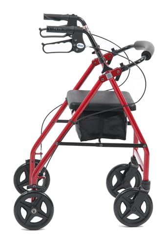 Drive Medical Aluminum Rollator Fold Up and Removable Back Support, Padded Seat with 7.5-Inch Casters, Red