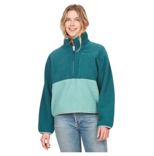 MARMOT Women's Aros Fleece 1/2 Zip Jacket - Sherpa Jacket with Retro Style for Camping and Hiking in Fall and Winter, Dark Jungle/Blue Agave, X-Small