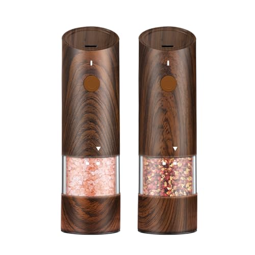 Electric Salt and Pepper Grinder Set - Automatic Pepper and Salt Grinder Refillable with 6 Adjustable Coarseness Adjustable Ceramic Core with LED Light Rechargeable Pepper Grinder-2 Pack Wood Grain