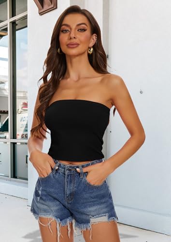 Summer Tube Tops Sexy Crop Tops Backless Top Basic Slim Fit Bandeau Top for Women(Hot Pink, M)