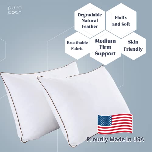 puredown® Goose Feathers Down Pillows Standard Size Set of 2 - Made in USA Soft Fluffy Hotel Pillow, 100% Cotton Cover, Luxury Medium Firm Bed Pillows for Back, Stomach or Side Sleeper.