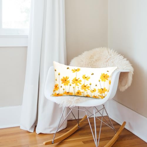 HOMFREEST Spring Summer Pillow Covers 12x20 Set of 2 Farmhouse Daisy Floral Bee Decorations Yellow Patio Outdoor Cushion Case for Sofa Couch Home Decor