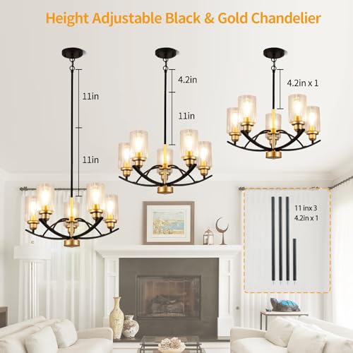 9MMML 5 Lights Glass Chandelier,Wrought Iron Pendant Light Fixtures, Gold+Black Finish Kitchen Island Lighting for Dining&Living Room Foyer Bar