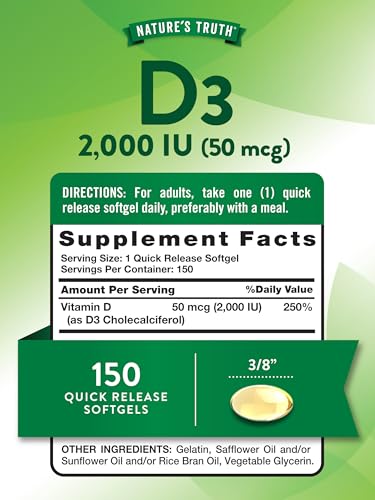 Nature's Truth Vitamin D3 2000 IU Softgels | 150 Count | High Potency | Non-GMO and Gluten Free Supplement