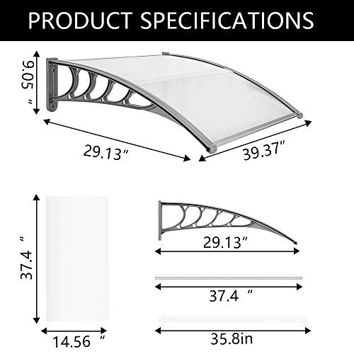 VINGLI Window Awning Door Canopy Exterior, 30" x 40" Awnings for Doors Polycarbonate Cover Patio Door Awning Rain Snow Sunlight Protection Hollow Sheet (Brown Board & Black Bracket)