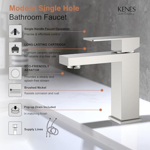KENES Single Handle Bathroom Sink Faucet, Brushed Nickel Vanity Faucet for Bathroom Sink, with Pop Up Drain Stopper & Water Supply Lines LJ-9031