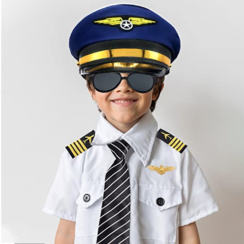 Keymall Kids Pilot Costume Accessories Set With Aviator Hat Sunglasses Tie Pin for Aviation Halloween Dress Up (Set A-2)