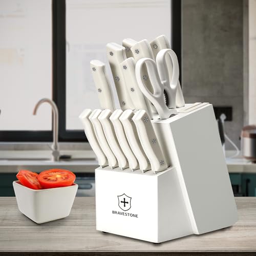 BRAVESTONE Knife Set, 15 Piece Kitchen Knife Set with Block Self Sharpening, Dishwasher Safe, Anti-slip Handle (Cream)