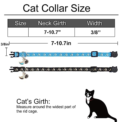Giecooh 2 Pack Breakaway Cat Collar with Bells, Adjustable Moon and Star Kitten Safety Collars for Boys & Girls, Black+Blue