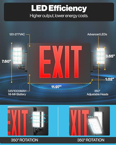 Sunco 6 Pack Red Exit Signs With Emergency Lights, Two Adjustable LED Lights, 94V-0 Fire Resistant, Backup Battery, 120-277V, Wall Or Ceiling Mount, Commercial Grade Double Sided UL